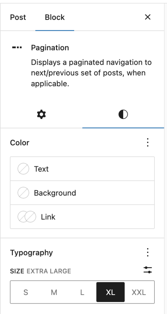 Color options in the Pagination block